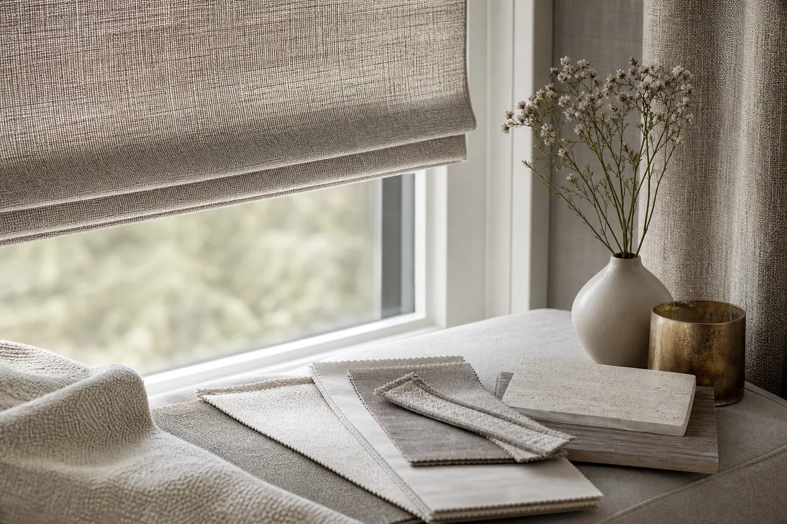 Close view of premium window treatment fabric and material samples