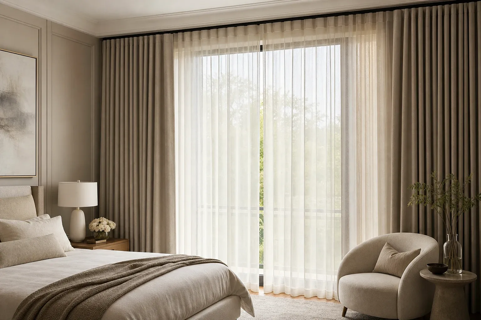 Draperies framing a window