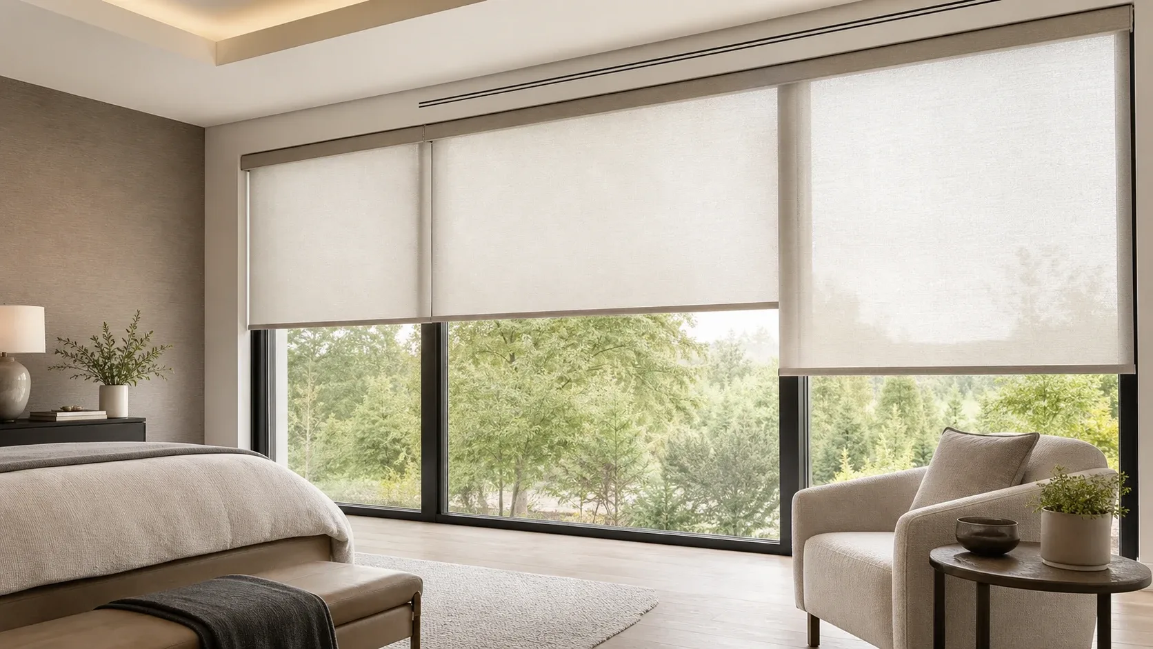 Motorized blinds in a calm bedroom setting