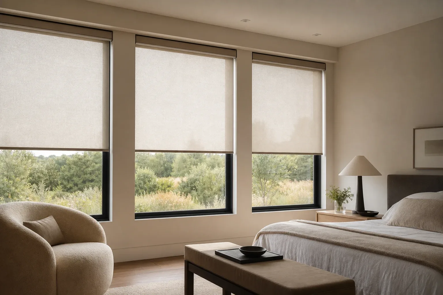 Roller shades in a warm living room setting