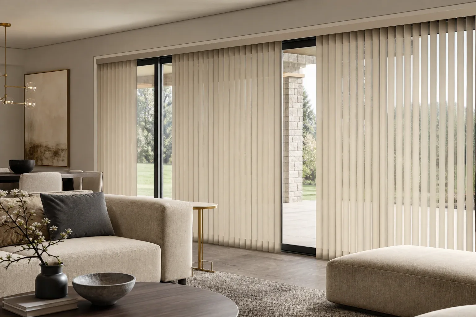 Vertical sheer blinds covering a wide glass door