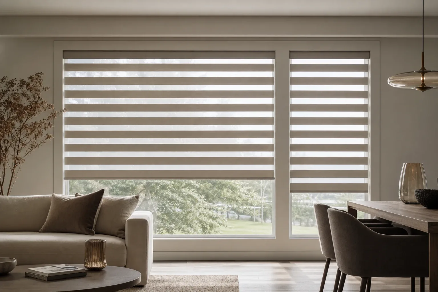 Zebra blinds with alternating light and privacy bands