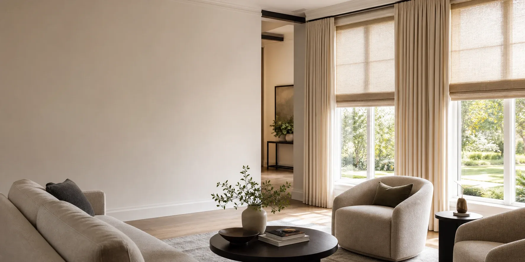 Warm premium room with custom window treatments