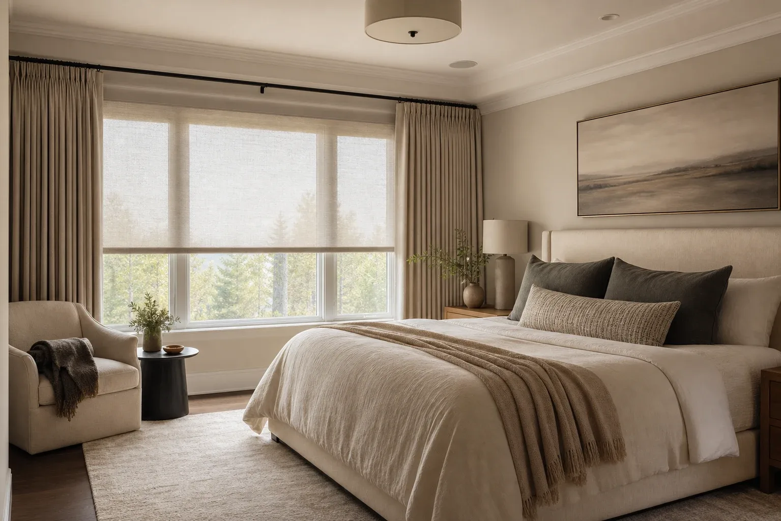 Bedroom with soft custom window treatments