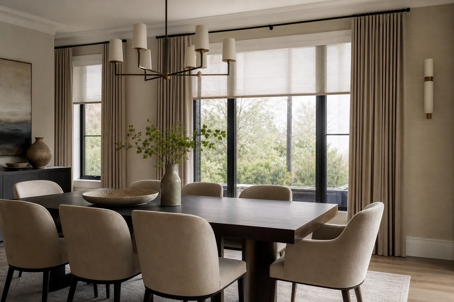 Dining room with custom drapery and shades