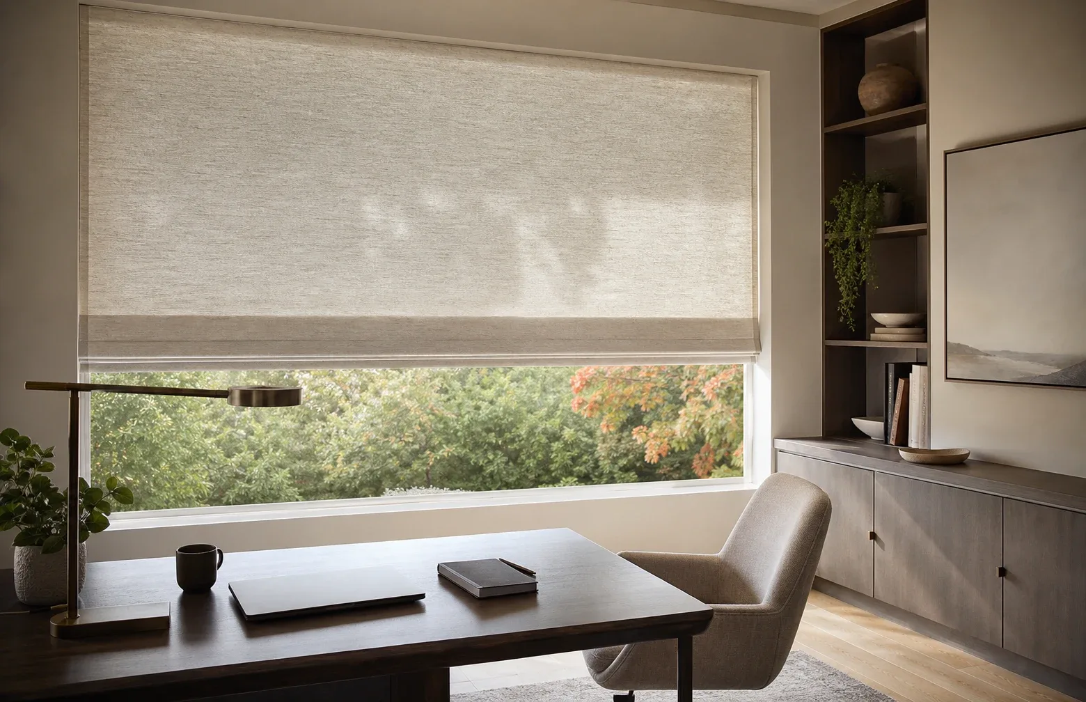 Home office with controlled daylight through custom shades