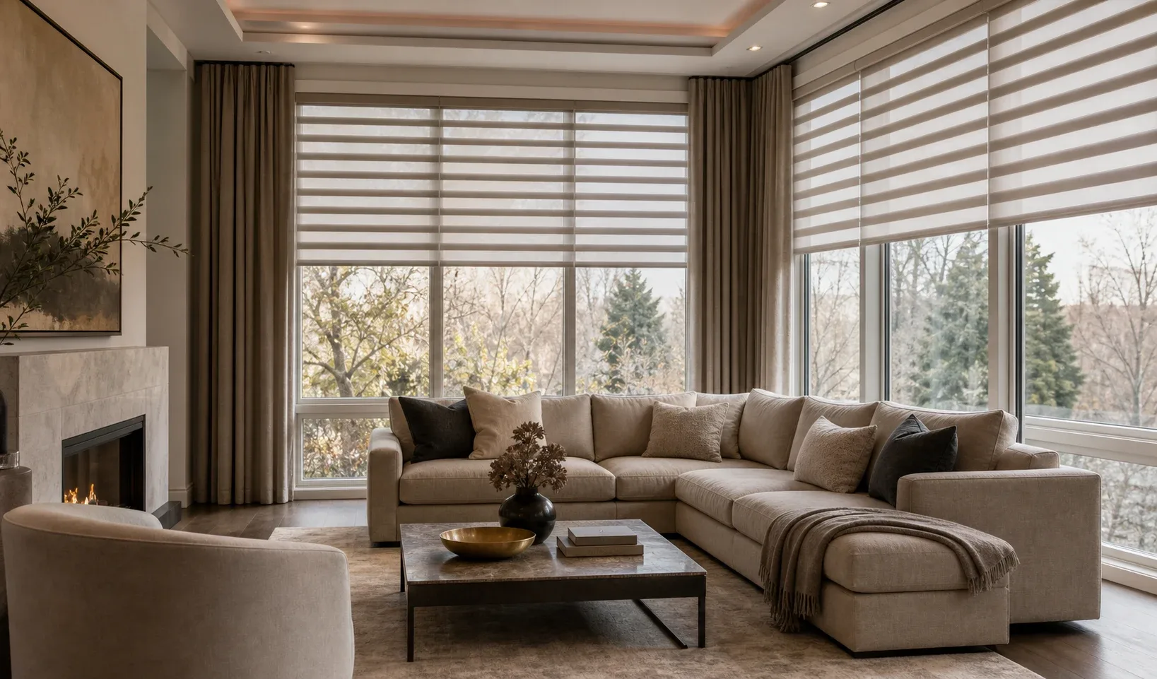 Layered custom window coverings in a premium living room