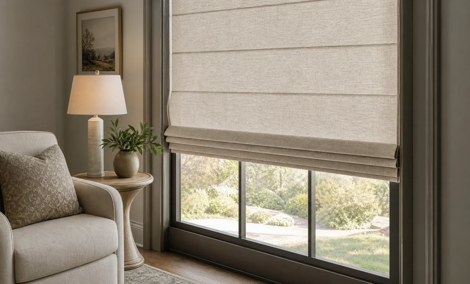 Soft fold Roman shade with warm fabric texture