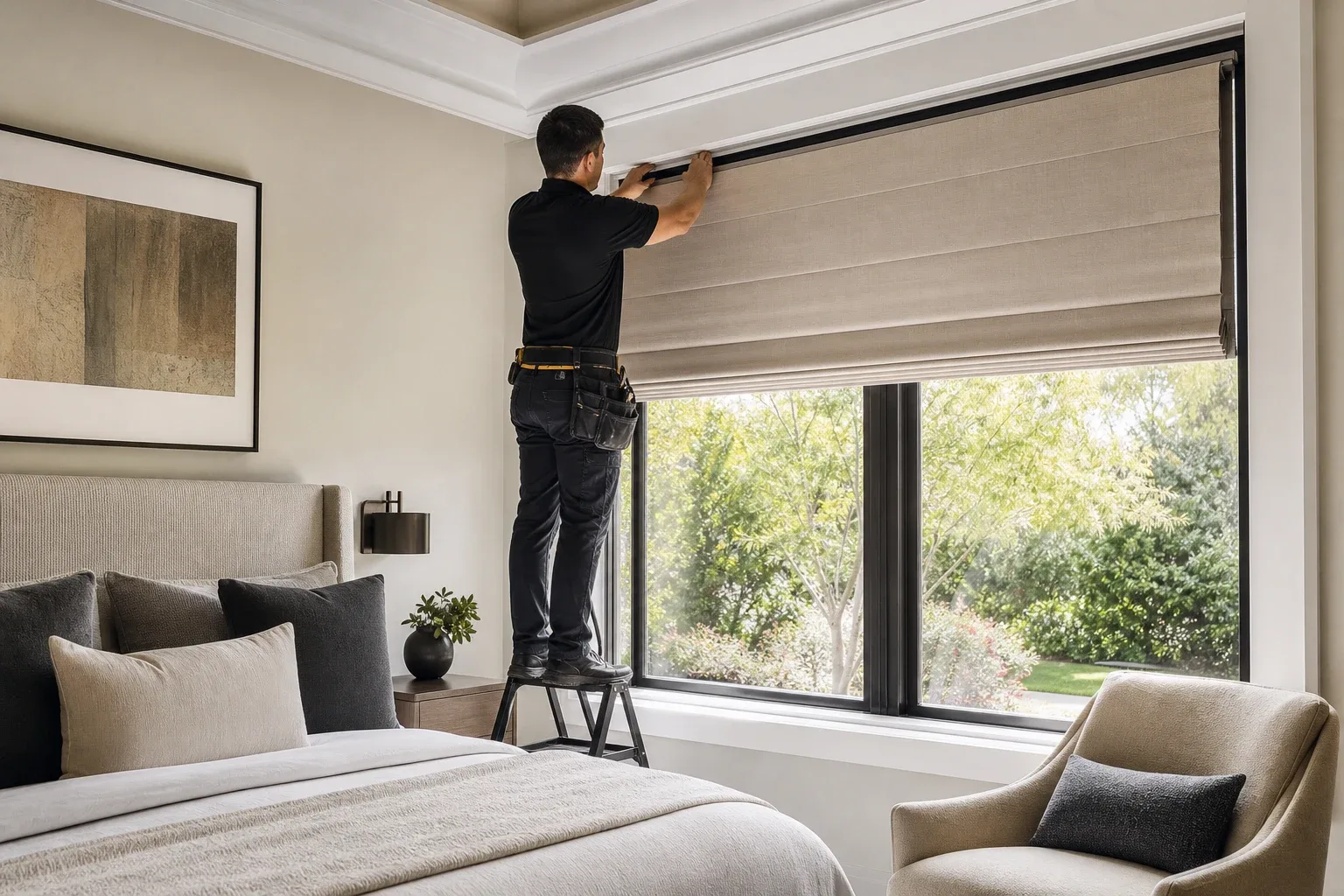 Professional installing a custom shade in a premium bedroom