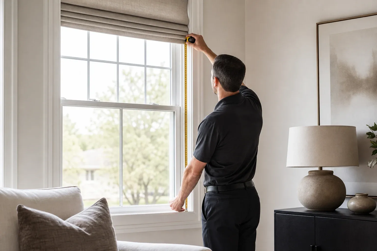 Professional measuring a window in a refined home