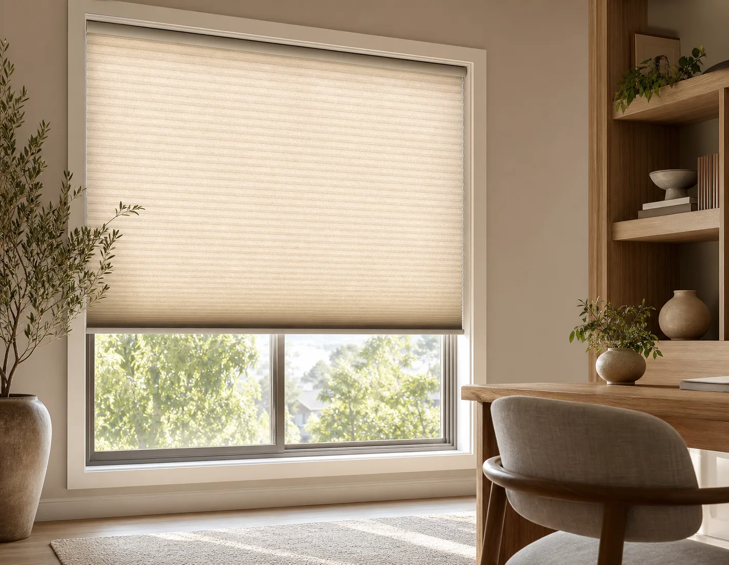 Light filtering cellular blind softly diffusing daylight in a refined room