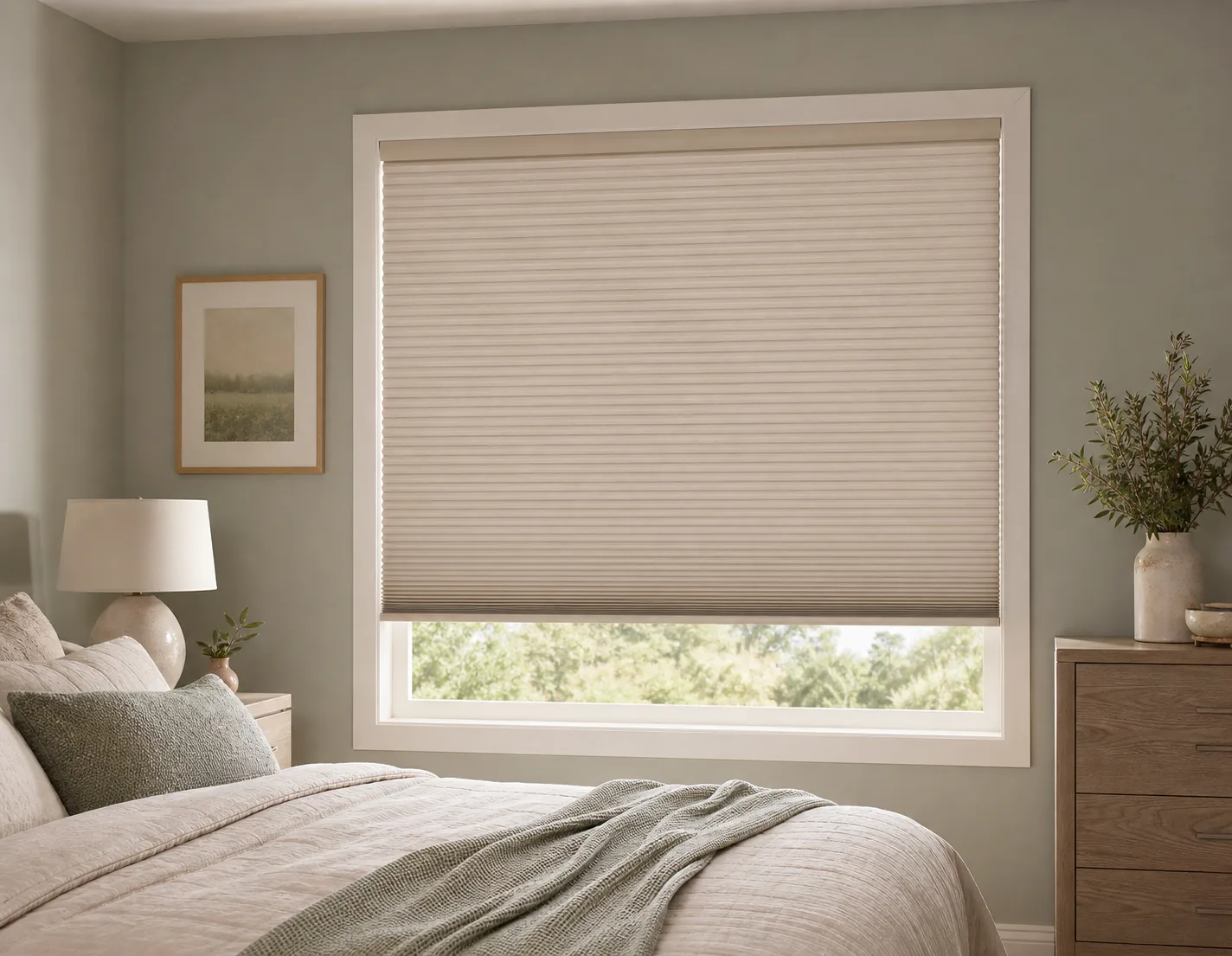 Room darkening cellular blind creating a calm bedroom setting
